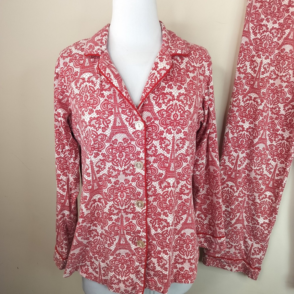 Bed Head Pajama Set Womens Medium Eiffel Tower Paris Lace Look Red White Cotton - Picture 2 of 11